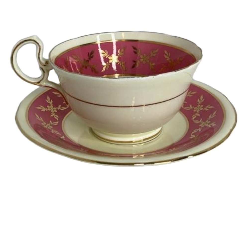 Aynsley Tea Cup and Saucer Bone China Made in England Deep Pink/Gold Decoration